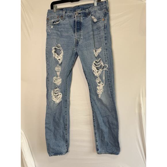 Levi’s 501 Button Fly Distressed Jeans Men’s W36 L34 Blue Denim - Picture 1 of 5